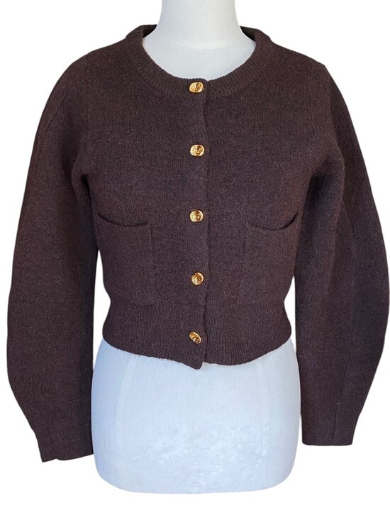 Zara Sweaters - Zara Chocolate Brown Cropped Cardigan Sweater Floral Buttons Wool Academia-S